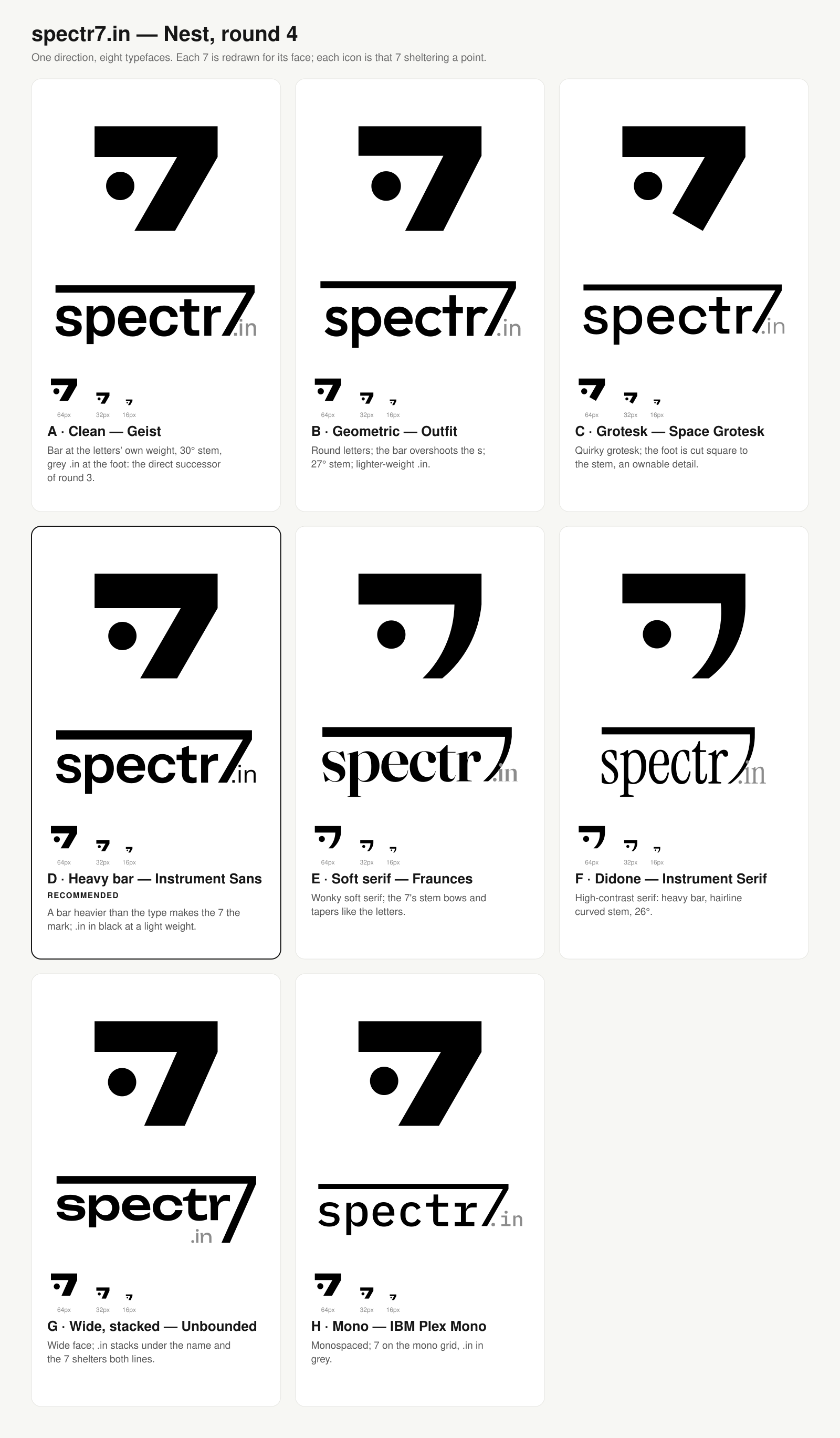 Eight SPECTR7 Nest logo variations in a contact sheet